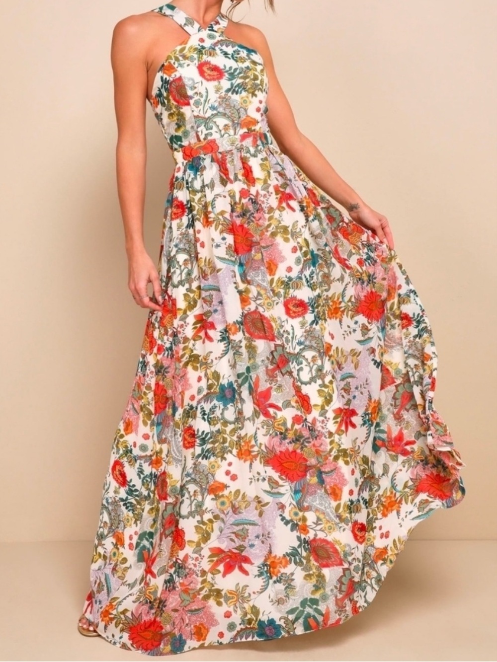 NWT Lulus Lilja Cream Floral Print Sleeveless Maxi Dress, Size Medium